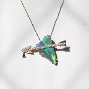 Opal diamond set arrow with ruby drop pendant