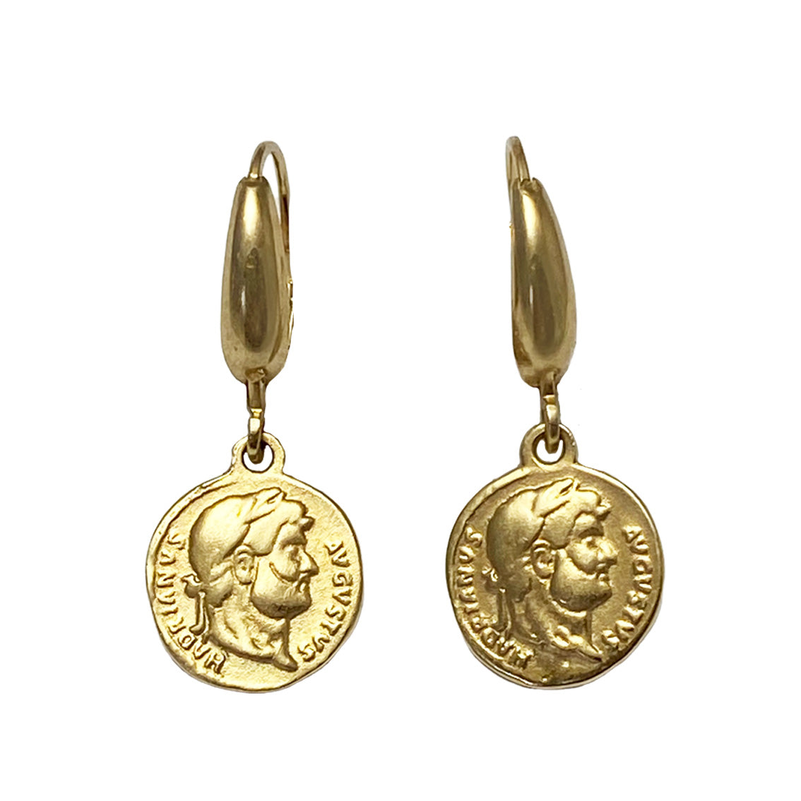 18ct. Yellow gold drop earrings featuring reproduction roman coins | 18ct yellow gold drop earrings, custom made jewellery
