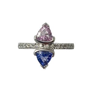 Contemporary 18ct. White gold, blue & pink natural sapphire and diamond set ring | gold sapphire diamond ring