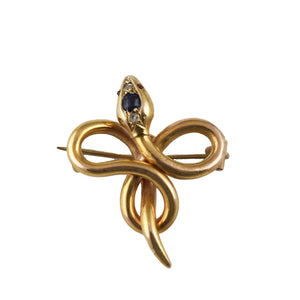 22ct. Yellow gold Snake brooch with sapphire, diamonds and rubies.