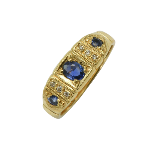 Handmade 9ct. Yellow gold, sapphire and diamond set ring.