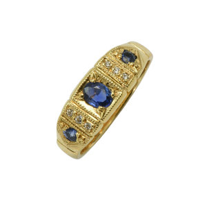 Handmade 9ct. Yellow gold, sapphire and diamond set ring.