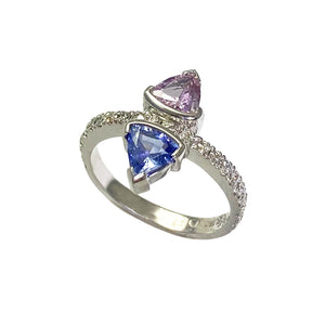 Contemporary 18ct. White gold, blue & pink natural sapphire and diamond set ring