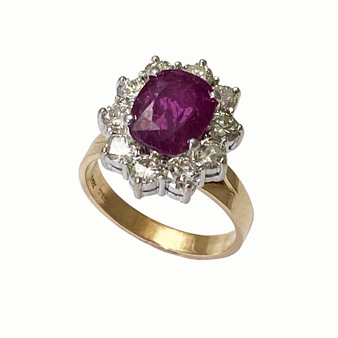 Contemporary 14ct. Yellow and white gold, ruby and diamond cluster