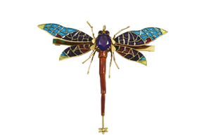 Contemporary 18ct. yellow gold, amethyst, ruby, champlevï and plique dragonfly brooch | Collectable jewellery melbourne