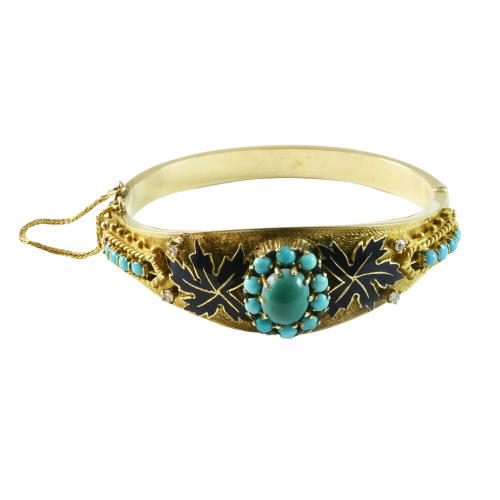 14ct. Yelllow gold, turqouise, diamond and enamel bangle | antique jewellery melbourne, gold diamond enamel bangle, antique vintage jewellery 