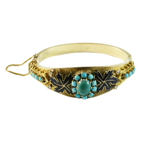 14ct. Yelllow gold, turqouise, diamond and enamel bangle | antique jewellery melbourne, gold diamond enamel bangle, antique vintage jewellery 