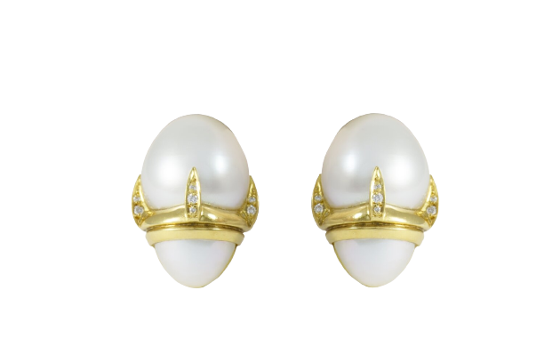 18ct. Yellow gold, pearl and diamond ear clips.