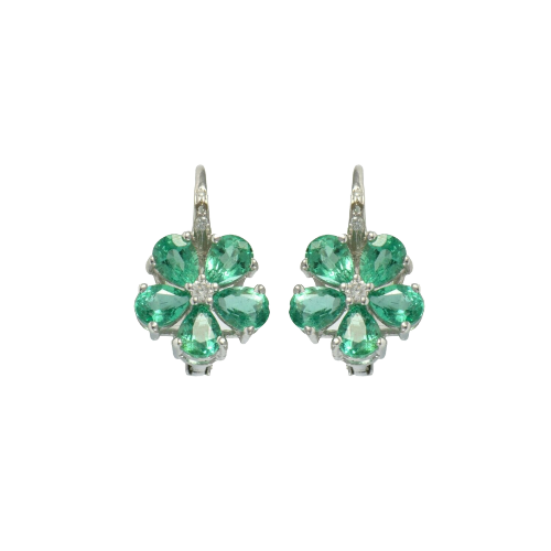 18ct. White gold, natural emerald and diamond floral cluster earrings.