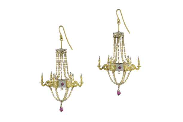18ct. Yellow and white gold, ruby and diamond chandelier earrings