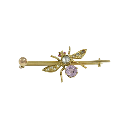 Antique 9ct. yellow gold, sapphire, diamond and pink topaz insect brooch.