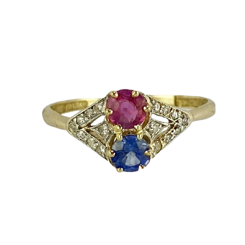 Antique 18ct. Yellow gold, platinum, sapphire, ruby and diamond ring