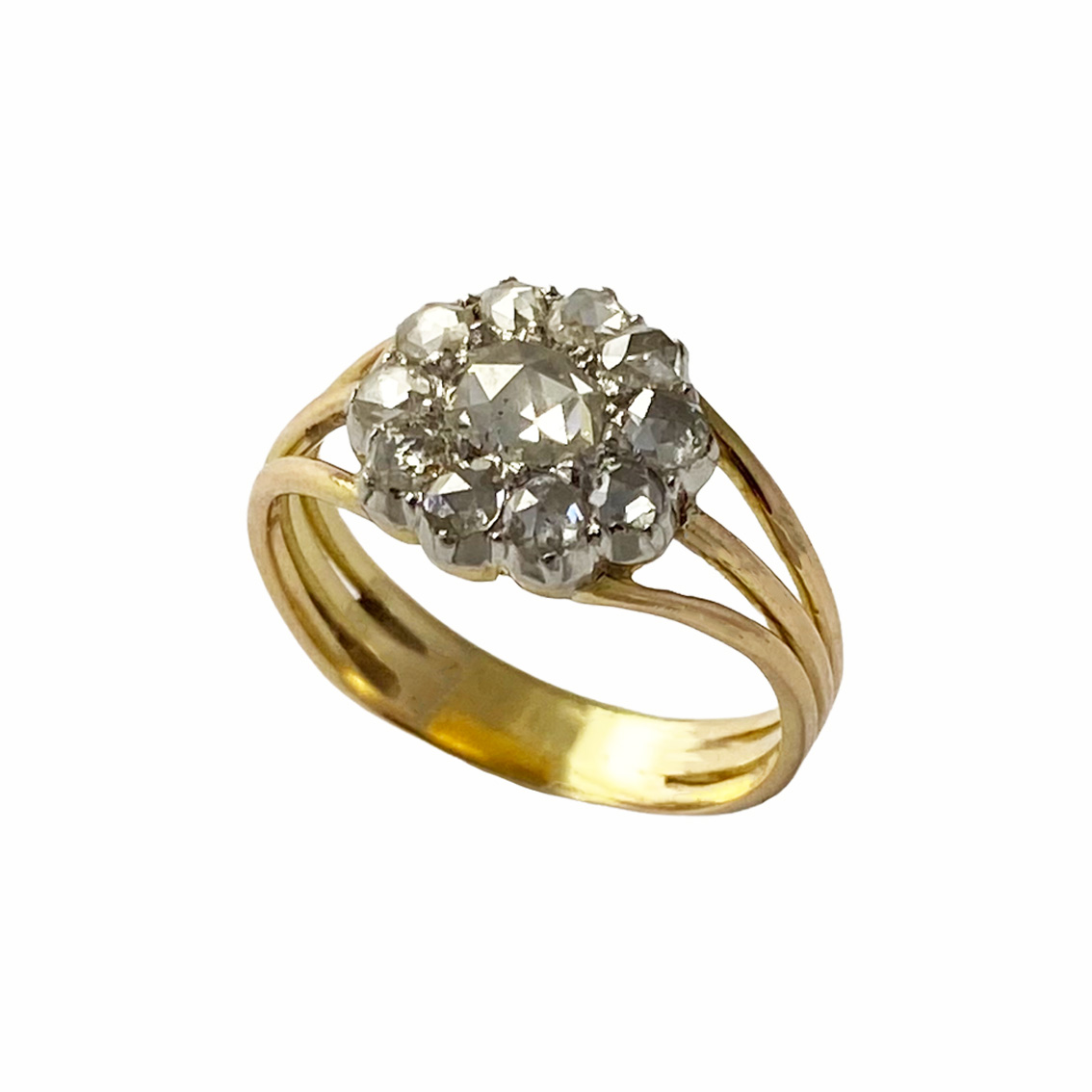 Antique 15ct. Yellow gold rose cut diamond cluster ring
