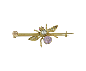 Antique 9ct. yellow gold, sapphire, diamond and pink topaz insect brooch.