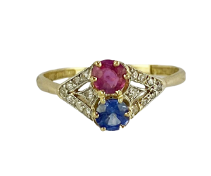 Antique 18ct. Yellow gold, platinum, sapphire, ruby and diamond ring