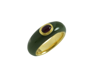 Contemporary 18ct. Yellow gold, ruby and nepherite jade ring by Tony William